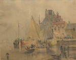 JOHANNES ANTHONIE BALTHASAR STROEBEL (HOLANDA, 1821-1905). "Embarcações próximas ao Porto dos Países Baixos", aquarela, 33 X 40. Assinado no c.i.e.