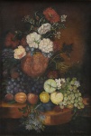 M. DUBOIS (FRANÇA-SÉC.XIX/XX). "Mesa com Jarro, Flores e Frutos", óleo s/ tela, 35 X 24. Assinado no c.i.d.