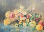 CARLOS OSWALD (1882-1971). "Vaso com Rosas, Dálias e Margaridas sobre a Mesa", óleo s/ tela, 90 X 120. Assinado no c.i.d. Reproduzido com foto no catálogo.