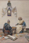 JOSÉ TAPIRÓ Y BARÓ (ESPANHA, 1836-1913). "Jugando a las Damas in Fez - Marrocos", aquarela, 69 X 48. Assinado no c.i.d. Pertencente ao espólio da tradicional "Família Guinle" (Maria Thereza Guinle). Reproduzido com foto no catálogo.