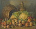 JOSE LIMA (1910-1980). "Legumes, Cesta, Garrafão e Panela sobre a Mesa", óleo s/ tela, 65 X 81. Assinado no c.i.d.
