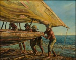 VAN DIJK, WIN (1915-1990). "A Chegada da Pesca de Jangadeiros na Praia de Iracema em Fortaleza", óleo s/ tela, 65 x 80. Assinado e datado (1961) no c.i.d. e no verso. Reproduzido com foto no catálogo.