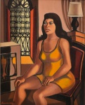 FERNANDO P. (1917-2005). "Mulher Sentada no Interior", óleo s/ tela, 57 X 39. Assinado no c.i.e. e no verso.