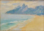 PAULO GAGARIN (1885-1980). "Praia de Ipanema ao Fundo Morro 2 Irmãos e Pedra da Gávea", óleo s/ cartão, 17 X 23. Assinado no c.i.d. (Década de 30).