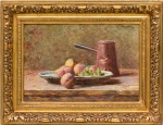 PEDRO ALEXANDRINO (1856-1942). "Pêssegos, Uvas, Tacho e Leiteira de Cobre sobre a Mesa", óleo s/ tela, 40 x 55. Assinado e localizado (Paris) no c.s.d.