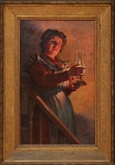 ALMEIDA E SILVA, JOSE DE (PORTUGAL, 1864-1945). "A Rapariga descendo a escada com Lamparina", óleo s/ tela, 88 x 55. Assinado, datado (1908) e localizado (Vizeu) no c.i.d.