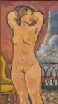 MARTINHO DE HARO (1907-1985). "Nú Próximo à Sacada", óleo s/ madeira, 36 X 20. Assinado no c.i.d. No verso estudo à crayon do busto da modelo do quadro.