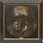 JAN MIEL (ESCOLA BELGA, 1599 - 1663). "Família de Camponeses Próximos a Ruínas", óleo s/ tela, diâmetro: 39cm (redondo). Sem assinatura.