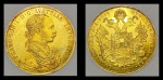 Moeda "variante" Austro-húngara de 4 ducados em ouro 22k, datada de 1915. Peso: 11,1g.