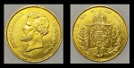 Moeda do "Império Brasileiro - D. Pedro II" em ouro 22k, no valor de 2000 Réis, datada de 1867. Peso: 17,9g.