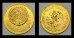 Moeda mexicana em ouro 22k, no valor de 20 pesos, datada de 1959. Peso: 16,7g.