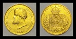 Moeda do "Império Brasileiro - D. Pedro II" em ouro 22k, no valor de 1000 Reis, datada de 1858. Peso: 9,0g.