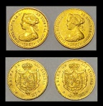 Duas moedas "Espanholas - Rainha Isabel II" em ouro 22k, no valor de 4 Escudos cada, datadas de 1867. Peso: 6,6g.