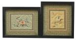 ESCOLA CHINESA (SÉC. XIX). Dois quadros: "Paisagem com Pássaro e Pagode" e "Ramo de Flores com Inseto", bordado s/ seda, 28 x 24,7 e 23 x 29 (parte externa).
