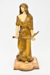 DOMINIQUE ALONZO (FRANÇA, 1910-1930). "Salomé", escultura art deco em bronze e marfim. Base em mármore bege rajado. Alt.:32cm. Assinada.