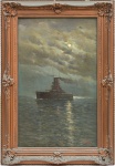 VIRGÍLIO LOPES RODRIGUES (1863-1944). "Corveta Brasileira Singrando em Noite de Luar", óleo s/ tela, 61 X 38. Assinado e datado (1916) no c.i.d.
