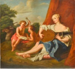 ESCOLA EUROPEIA (1900). "Dama com Citara e Puttis sobre Alce com Partitura Musical", óleo s/ tela, 1,15 X 1,25. Sem moldura. (Com restauro).
