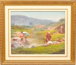 EDGAR WALTER (1917-1994). "Lavadeiras em Córrego no Interior Mineiro", óleo s/ tela, 67 X 81. Assinado e datado (1986) no c.i.d. e no verso.