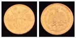Moeda Mexicana em ouro 22k no valor de 50 Pesos, datada de 1821. Diam.: 3,7cm. Peso: 41,7g.