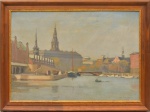 ALBERT KONGSBAK (Dinamarca, 1877-1958). "Canal em Copenhague", óleo s/ cartão, 44 X 63. Assinado e datado (1945) no c.i.d.