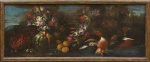 ESCOLA FRANCESA (SÉC. XVII/XVIII). "Paisagem com Flores, Frutos e Pássaros Diversos", óleo s/ tela, 50 X 128. (Com restauros).