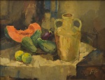 GERALDO DE CASTRO (1914-1992). "Legumes e Jarra sobre a Mesa", óleo s/ tela, 50 x 65. Assinado no c.i.d.