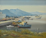 SYLVIO PINTO (1918-1997). "Barcos Atracados no Porto em Angra dos Reis", óleo s/ tela, 39 x 47. Assinado no c.i.d. (Década de 60).