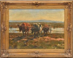 JANOS VISKY (HUNGRIA, 1891-1987). "Carro de Boi na Beira do Rio", óleo s/ tela, 40 X 54. Assinado no c.i.d.
