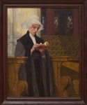 EDGARD MAXENCE (FRANÇA, 1871-1954). "Femme avec Missel dans l'intérieur Sacré", óleo s/ madeira, 80 X 63. Assinado no c.i.d. Artista citado no Benezit.