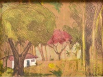 FRANCISCO REBÔLO (1902-1980). "Paisagem Campestre com Casa", aquarela s/ cartão, 24 x 33. Assinado no c.i.d. No verso cachet da famosa "Galeria Oscar Seraphico" (1979).