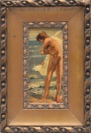 ARMANDO BALLONI (ITÁLIA, 1901 - São Paulo, 1969). "Nú Após Banho de Mar", óleo s/ cartão, 18,5 X 8,5. Assinado no c.i.e.