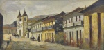 DURVAL PEREIRA (1917-1984). "Paisagem com Sobrados, Igreja Matriz e Tropeiros em Minas Gerais", óleo s/ tela, 60 X 120. Assinado no c.i.e.