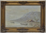 VIRGÍLIO LOPES RODRIGUES (1863-1944). "Recanto na Baía de Guanabara com Canoas, Pescadores e Choupanas", óleo s/ tela, 38 X 62. Assinado no c.i.d. (Com craquelês e necessita de restauro).