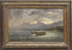 GIUSEPPE POGNA (ITÁLIA, 1845-1907). "Embarcações e Pescadores na Baía de Nápoles - Itália", óleo s/ tela, 34 X 57. Assinado no c.i.e.
