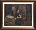 ASSINATURA ILEGÍVEL (EUROPA, SÉC. XIX). "Mãe e Filhas no Interior do Casarão", óleo s/ tela, 65 X 80. Assinado no c.i.d. (Com craquelês).