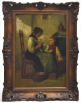 ALBERT ANKER (SUÍÇA, 1831-1910). "Ensinando a Tricotar", óleo s/ madeira, 65 X 47. Assinado no c.i.e.