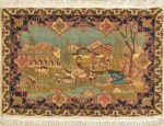 Raro tapete Tabriz de parede com cena de "Pastor com ovelhas, patinhos no lago e casarios ao fundo", medindo: 0,95 X 0,65.