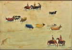 CARYBÉ, HECTOR (1911-1997). "Vaqueiros com Boiada Atravessando o Rio", Vinil sobre eucatex, 36 X 52. Assinado e datado (1984) no c.i.d.