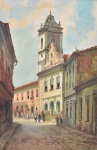 JAYME HORA (1911-1977). "Sobrados, Igreja e Personagens no Centro Histórico de Salvador - Bahia", óleo s/ tela, 92 X 61. Assinado no c.i.d.