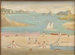 PENNACCHI, FULVIO (1905-1992). "Pescadores com Rede em Praia de Niterói, ao Fundo Pão de Açúcar", óleo s/ eucatex, 30 X 40. Assinado e datado (1984) no c.i.e. e no verso.