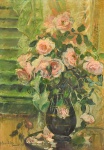 NIVOULIÉS DE PIERREFORT, MARIE (1879-1968). "Vaso com Rosas sobre a Mesa", óleo s/ tela, 73 X 50. Assinado no c.i.e.