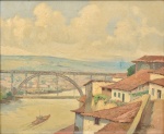 ARMANDO VIANNA (1897-1992). "Casarões e Ponte em Rio Douro - Portugal", óleo s/ tela, 45 X 55. Assinado no c.i.d., datado (1928) e localizado no verso.