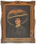 ESCOLA EUROPEIA (SÉC. XIX). "Dama com Vestido Negro e Chapéu de Plumas", óleo s/ tela, 77 X 58. (Necessitando  de restauro).