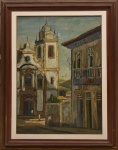 RENATO DE ALMEIDA (1921-1980). "Paisagem com Personagens, Igreja e Velhos Casarões, óleo s/ tela, 101 X 73. Assinado no c.i.d.
