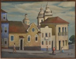 RESCALLA, JOÃO JOSÉ (1910-1990). "Sobrados, Igrejas e Personagens em  Salvador - Bahia", óleo s/ tela, 66 X 85. Assinado, datado (1964) e localizado (Bahia) no c.i.d.