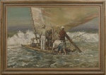 VAN DIJK, WIN (1915-1990). "Pescadores e Jangadas em Praia do Ceará", óleo s/ tela, 1,35 X 2