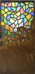 PEDRO MIRANDA (BRASIL, SÉC. XX). Esplêndido e antigo vitraux em madeira entalhada com "Coral de Meninas" e vidros multicoloridos em ambas as faces, podendo ser utilizado como divisor de ambientes. Medida: 3,00 X 1,40. Assinado e datado (1977) no c.i.d.