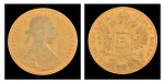 Moeda "variante" Austro-húngara de 4 ducados em ouro 22k, datada de 1915. Diâm.: 4cm. Peso: 9,7g.