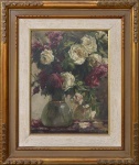 OSWALDO TEIXEIRA (1904-1975). "Vaso com Rosas Brancas e Vermelhas sobre a Mesa", óleo s/ madeira, 56 X 42. Assinado e datado (1924) no c.i.d. Rara obra do grande pintor, desta fase.