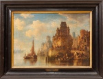 LUDWIG HERMANN (ALEMANHA, 1812-1881). "Paisagem com Personagens no Porto de Antuérpia - Bélgica&